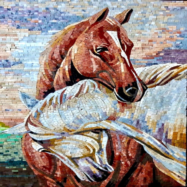 Majestic Horse Bond - Handcrafted Marble Mosaic Wall Art
