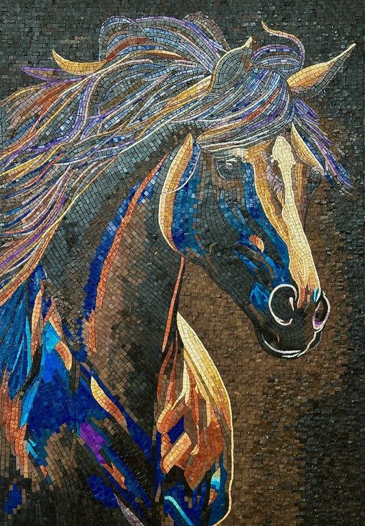 Electric Spirit: Blue and Gold Abstract Horse Mosaic