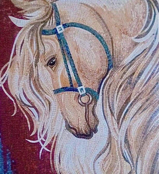 Majestic Palomino Horse Mosaic with Blue Bridle