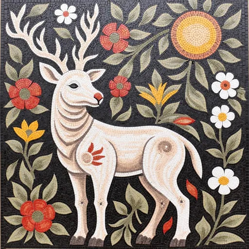 White Stag in Floral Night Mosaic