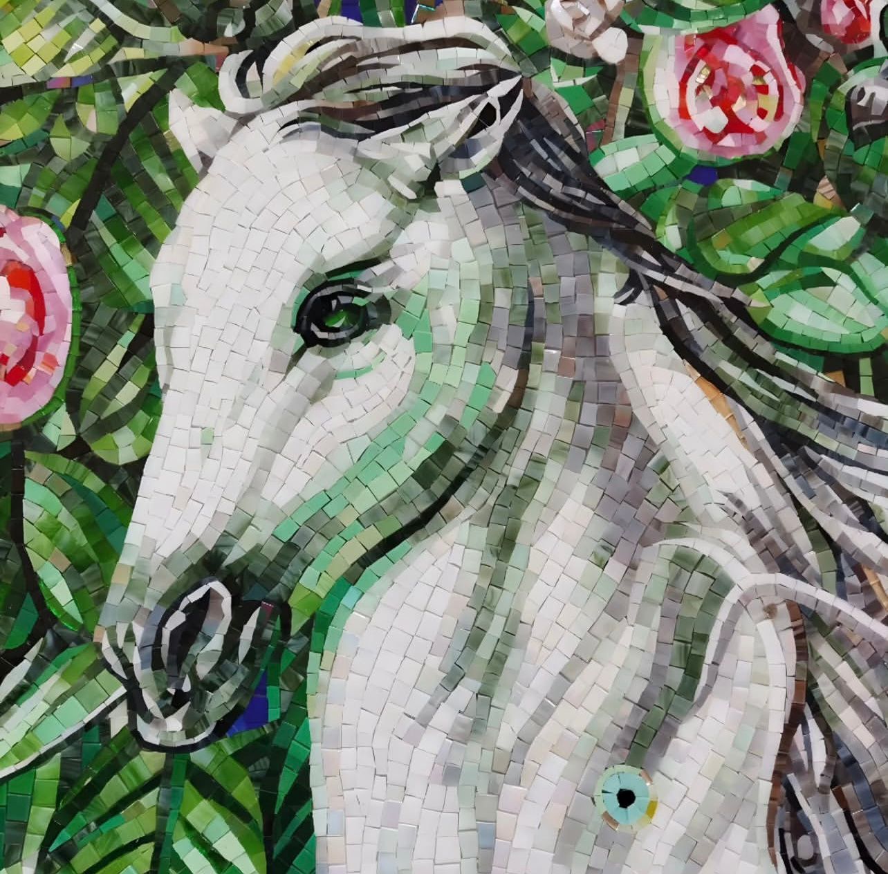 "Enchanted Garden" Handmade Horse Mosaic Art: A Floral Dream