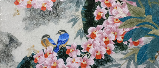 Flower And Birds Pattern Hand Cut Art Glass Mosaic