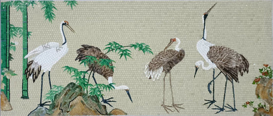 Serene Japanese Cranes Mosaic Wall Mural
