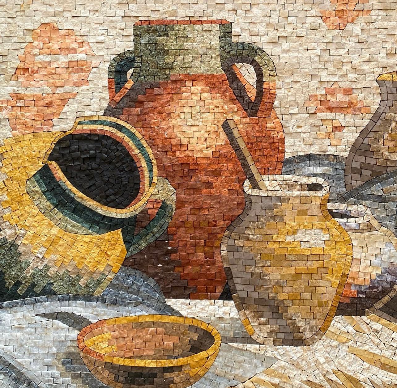"Ancient Harvest" Handmade Still Life Mosaic: Rustic Pottery and Amphora Wall Art