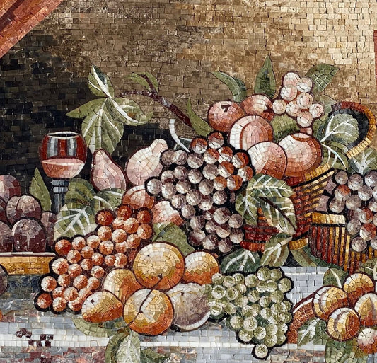 "Bacchus' Bounty" Handmade Fruit Still Life Mosaic: Grapes and Wine Wall Art