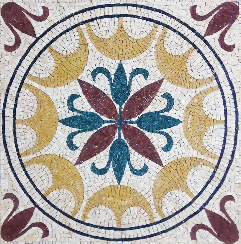 Floral Medallion with Corner Scrolls Mosaic