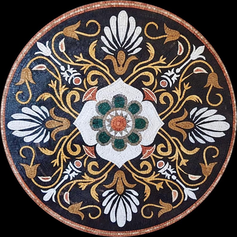 Circular Floral Medallion Mosaic in Black and Gold