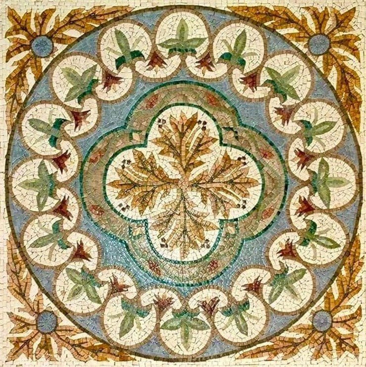 Quatrefoil and Leaf Pattern Circular Mosaic