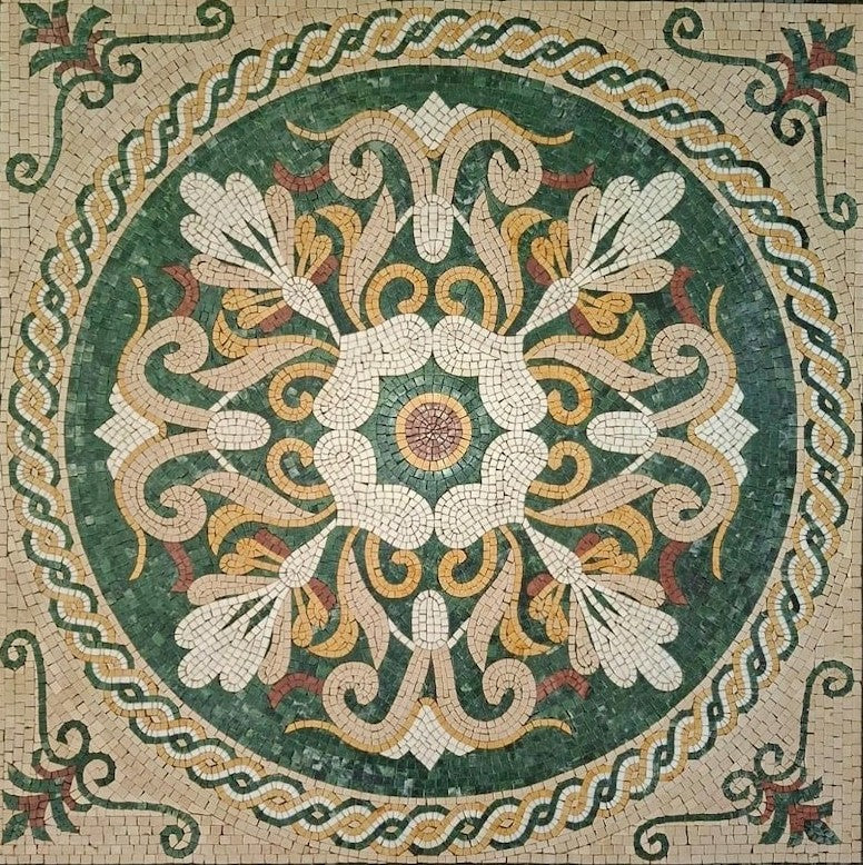Green and Beige Floral Rosette Medallion Mosaic