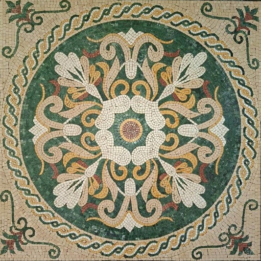 Green and Beige Floral Rosette Medallion Mosaic
