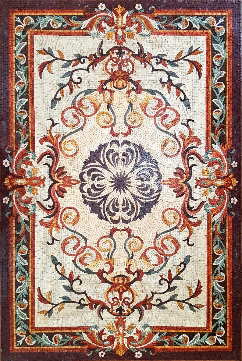 Baroque Floral Scrollwork Rectangular Mosaic Rug