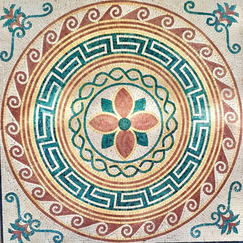 Classical Greek Key and Floral Roundel Mosaic