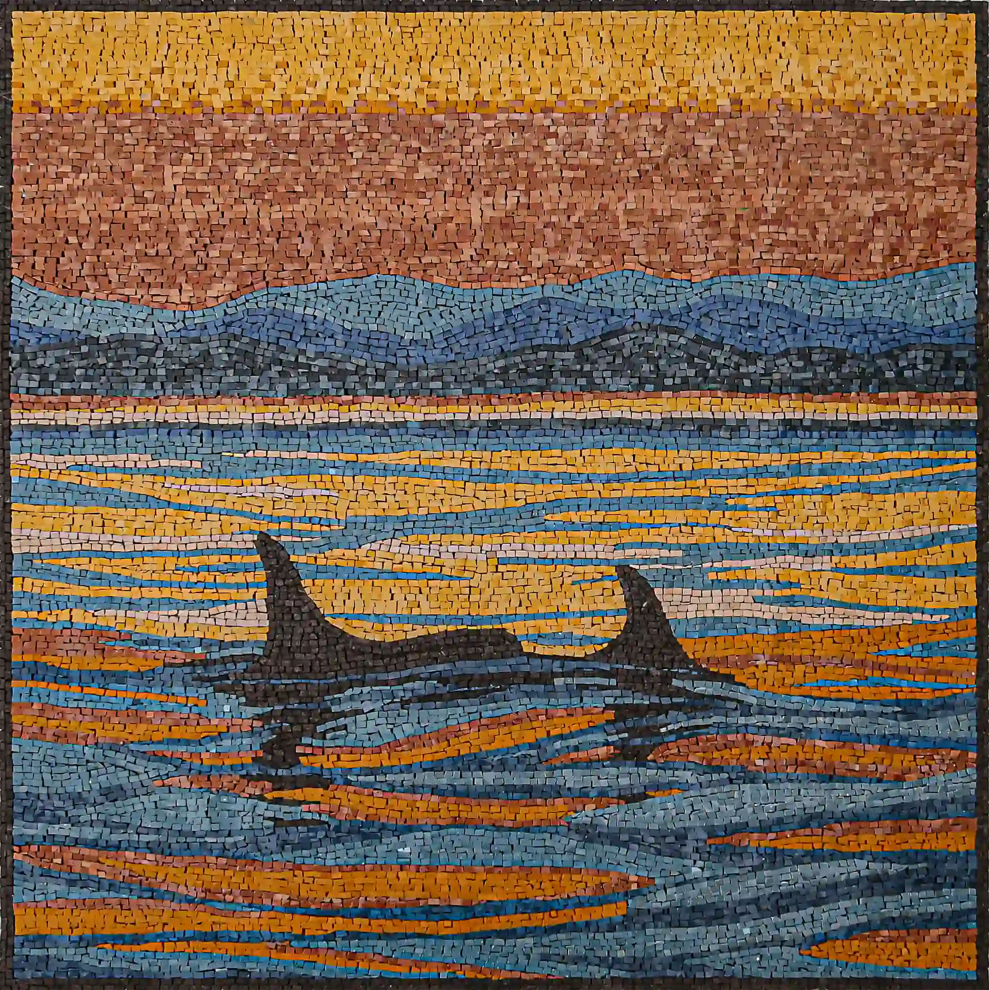 Sunset Waves: Mosaic in Sunset Hues with Shark