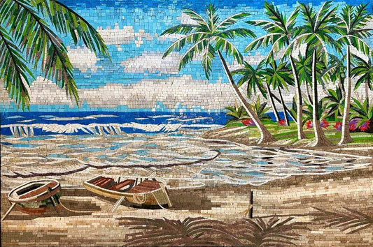 Tropical Serenity: Beach with Palm Trees Mosaic