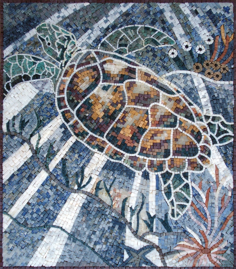 Sunlit Sea Turtle - Marine Life Mosaic Art | Nautical Mosaics | iMosaicArt