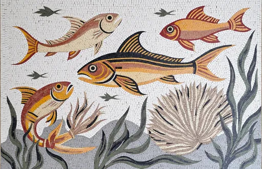 Fish Marine Life Mosaic: Serene Oceanic Elegance in Neutral Tones