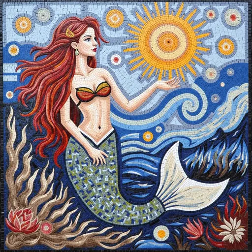 Mystical Red-Haired Mermaid Mosaic - Starry Night Ocean Art | Nautical Mosaics | iMosaicArt