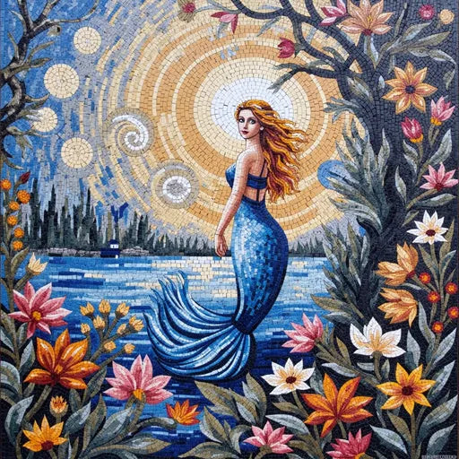Ethereal Mermaid by the Lake Mosaic - Floral Water Scene