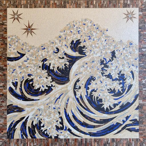 Neutral Tone Crashing Wave Mosaic with Compass Stars | Nautical Mosaics | iMosaicArt