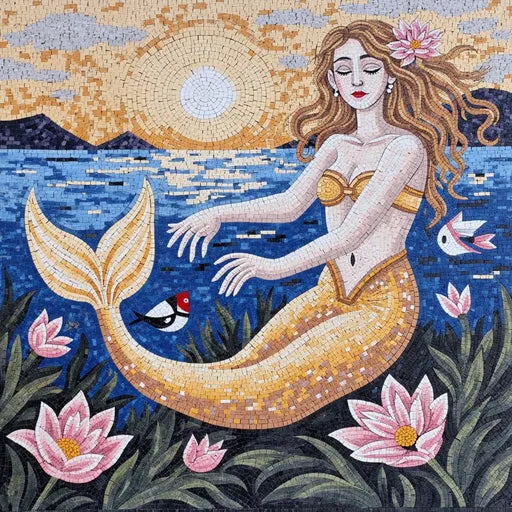 Golden Mermaid at Sunset Mosaic - Water Lily and Fish Scene