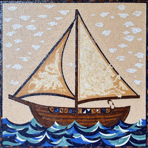 Classic Sailboat on the Ocean Mosaic - Detailed Nautical Scene | Nautical Mosaics | iMosaicArt