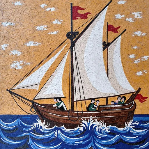 Family Sailing Adventure Mosaic - Ship with Red Flags | Nautical Mosaics | iMosaicArt