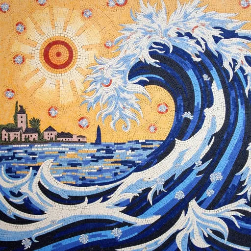 Dramatic Wave and Coastal Village Mosaic - Starry Sun | Nautical Mosaics | iMosaicArt