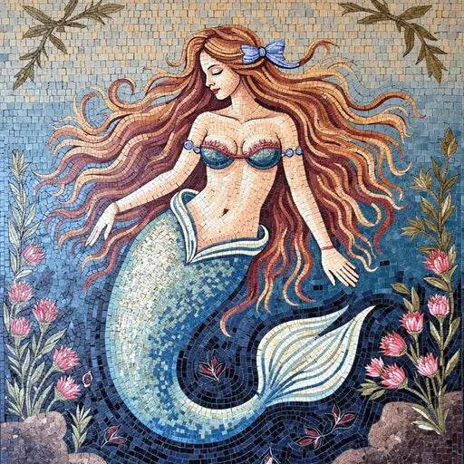 Enchanting Blue-Tailed Mermaid Mosaic - Underwater Garden | Nautical Mosaics | iMosaicArt