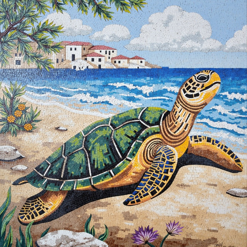 Sea Turtle on the Beach Mosaic - Coastal Village Backdrop | Nautical Mosaics | iMosaicArt