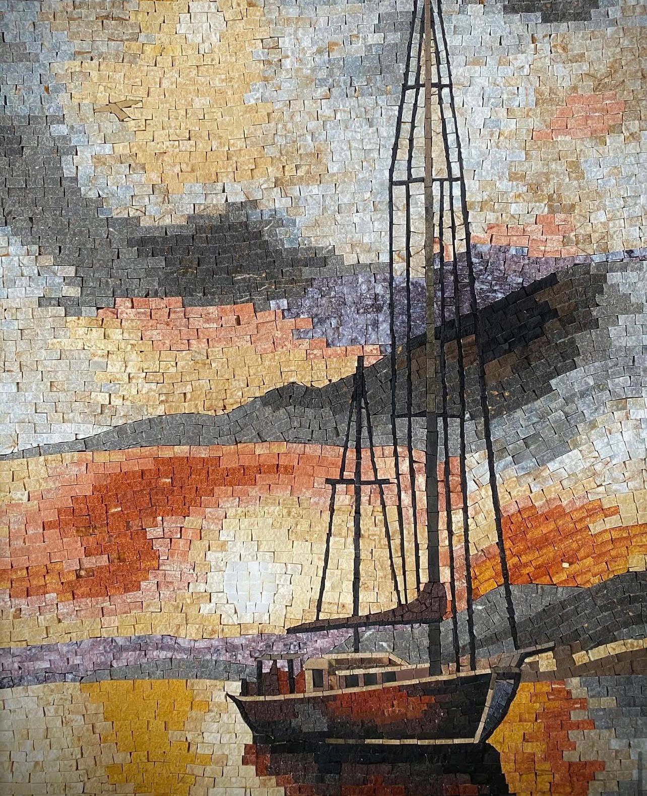 "Sunset Solitude" Handmade Sailboat Mosaic: Nautical Landscape Wall Art