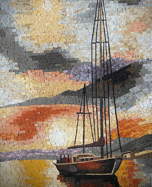 "Sunset Solitude" Handmade Sailboat Mosaic: Nautical Landscape Wall Art