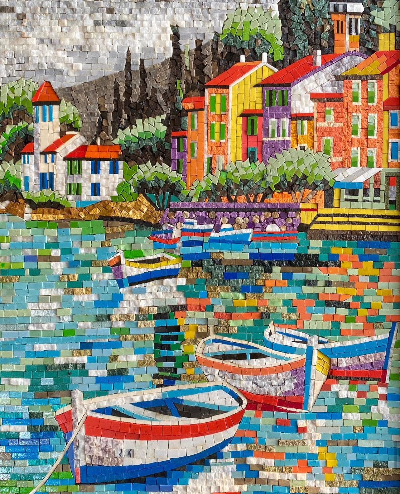 "Cinque Terre Charm" Handmade Coastal Village Mosaic: Vibrant Italian Seascape Art