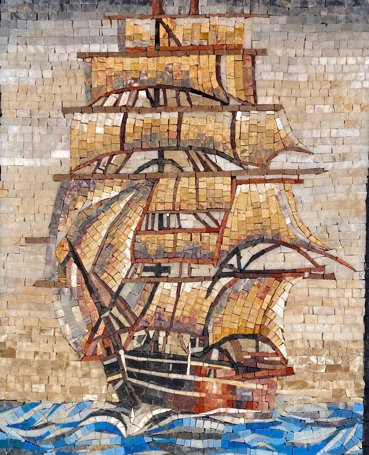 "Voyage of Discovery" Handmade Tall Ship Mosaic: Classic Nautical Wall Art