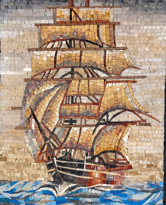 "Voyage of Discovery" Handmade Tall Ship Mosaic: Classic Nautical Wall Art