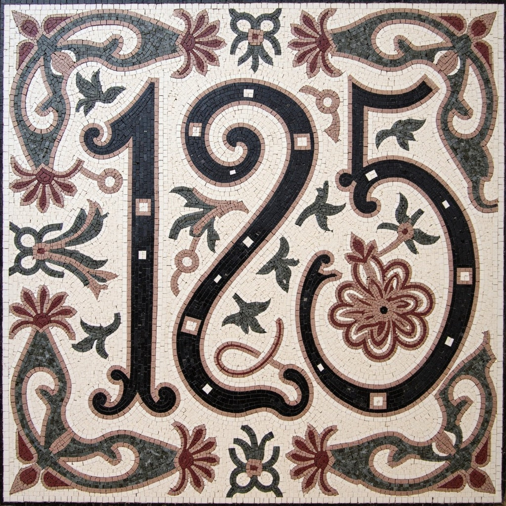 Ornate House Number 125 Mosaic - Floral Scrollwork Design