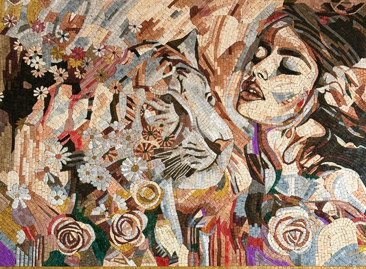Wild Serenity: Woman and White Tiger Mosaic Portrait