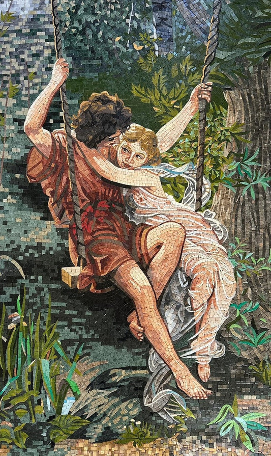 Romantic Swing: Figurative Couple in Forest Mosaic