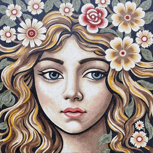 Spring Goddess Floral Crown Mosaic - Blue-Eyed Beauty | Portrait Mosaics | iMosaicArt