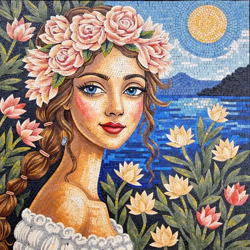 Rose Crown Maiden by the Lake Mosaic - Romantic Scene | Portrait Mosaics | iMosaicArt