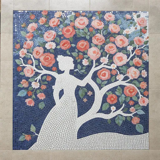 Woman and Rose Tree Silhouette Mosaic - Deep Blue Background