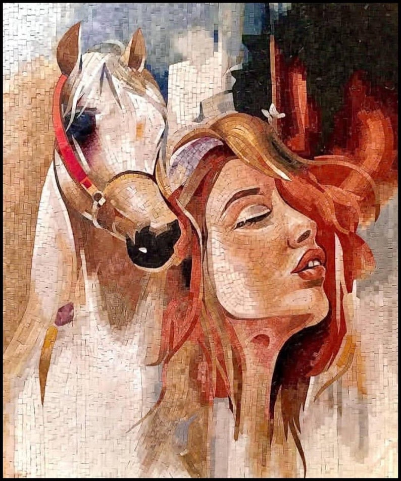 "Equestrian Dream" Handmade Portrait Mosaic: Woman and Horse Wall Art