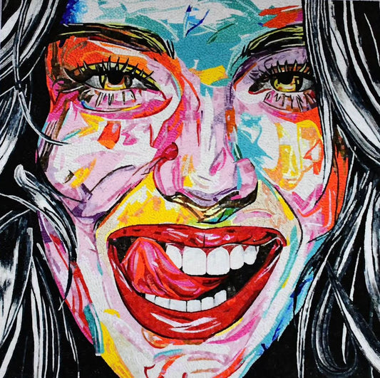 "Electric Smile" Handmade Abstract Pop Art Mosaic: Vibrant Expressionist Portrait