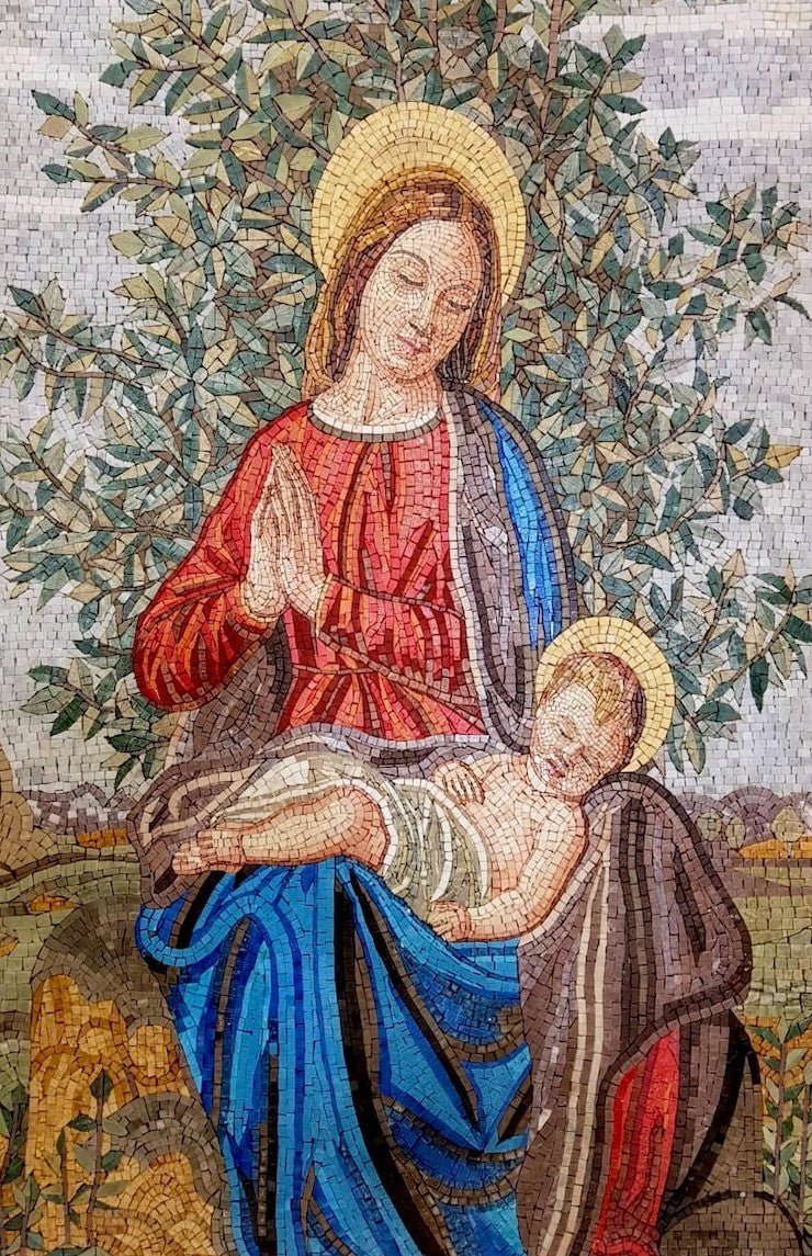 "Madonna of the Olive Tree" Handmade Mosaic: Serene Mother and Child Religious Art