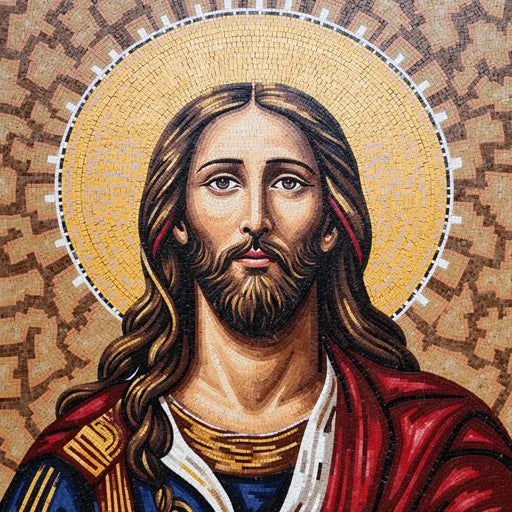 Close-Up Portrait of Jesus Christ Mosaic - Golden Halo | Religious Mosaics | iMosaicArt