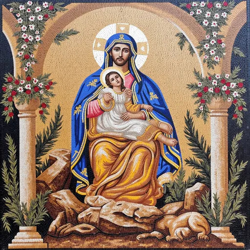 Saint Joseph and Child Jesus Mosaic - Blue Robes and Floral Arch | Religious Mosaics | iMosaicArt