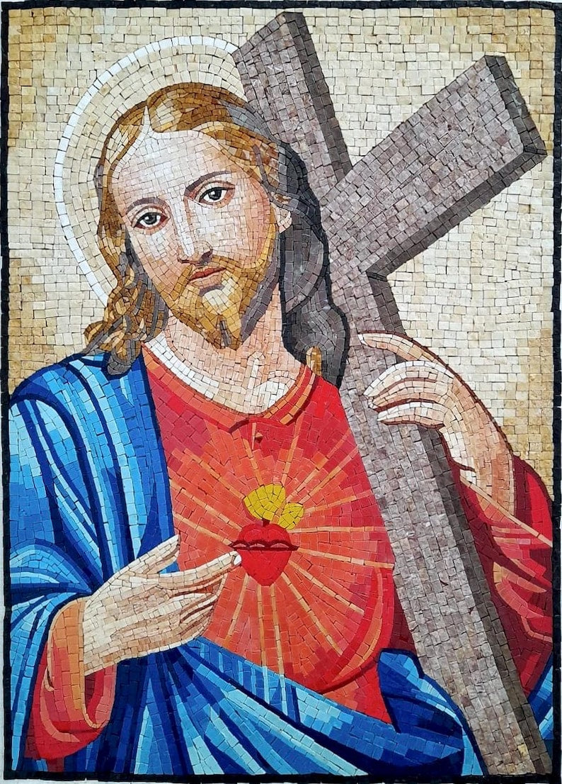 "Sacred Heart of Jesus" Handmade Religious Mosaic: Divine Love Wall Art
