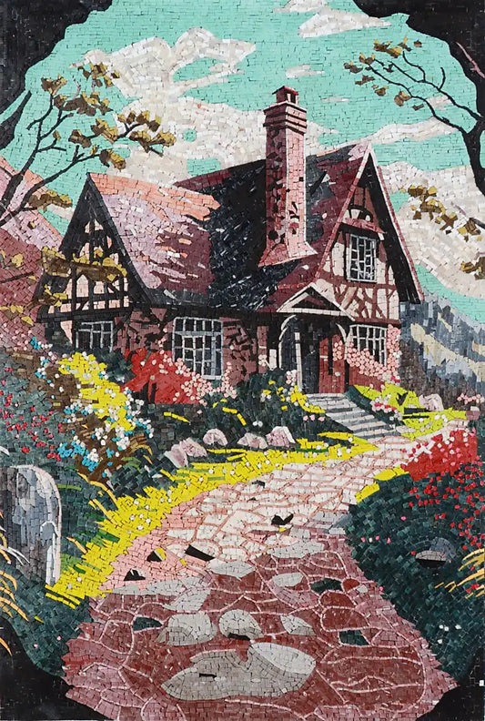 Timeless Tranquility: Nature-Inspired Scenery Mosaic Wall Art with Old Home