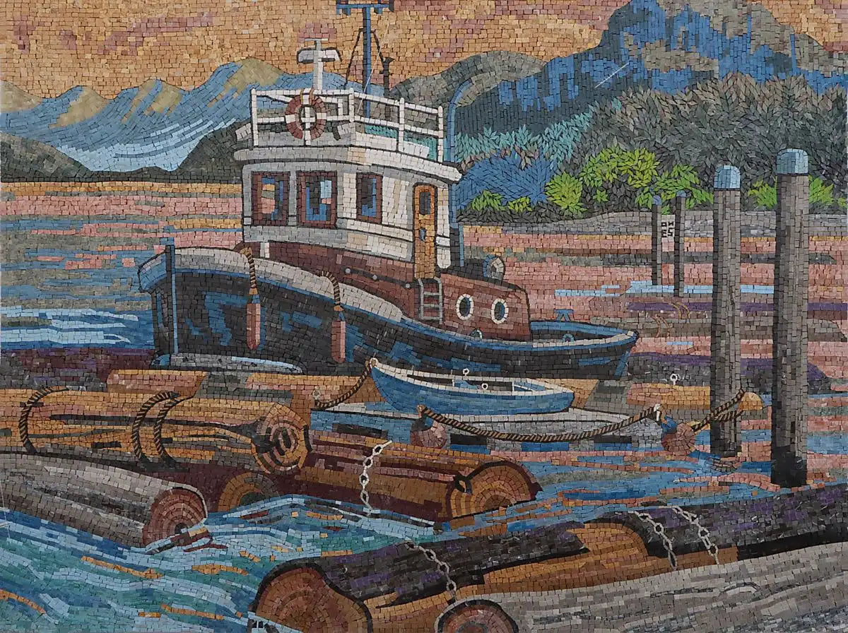 Mosaic Art: Little Ship on Sidewalk
