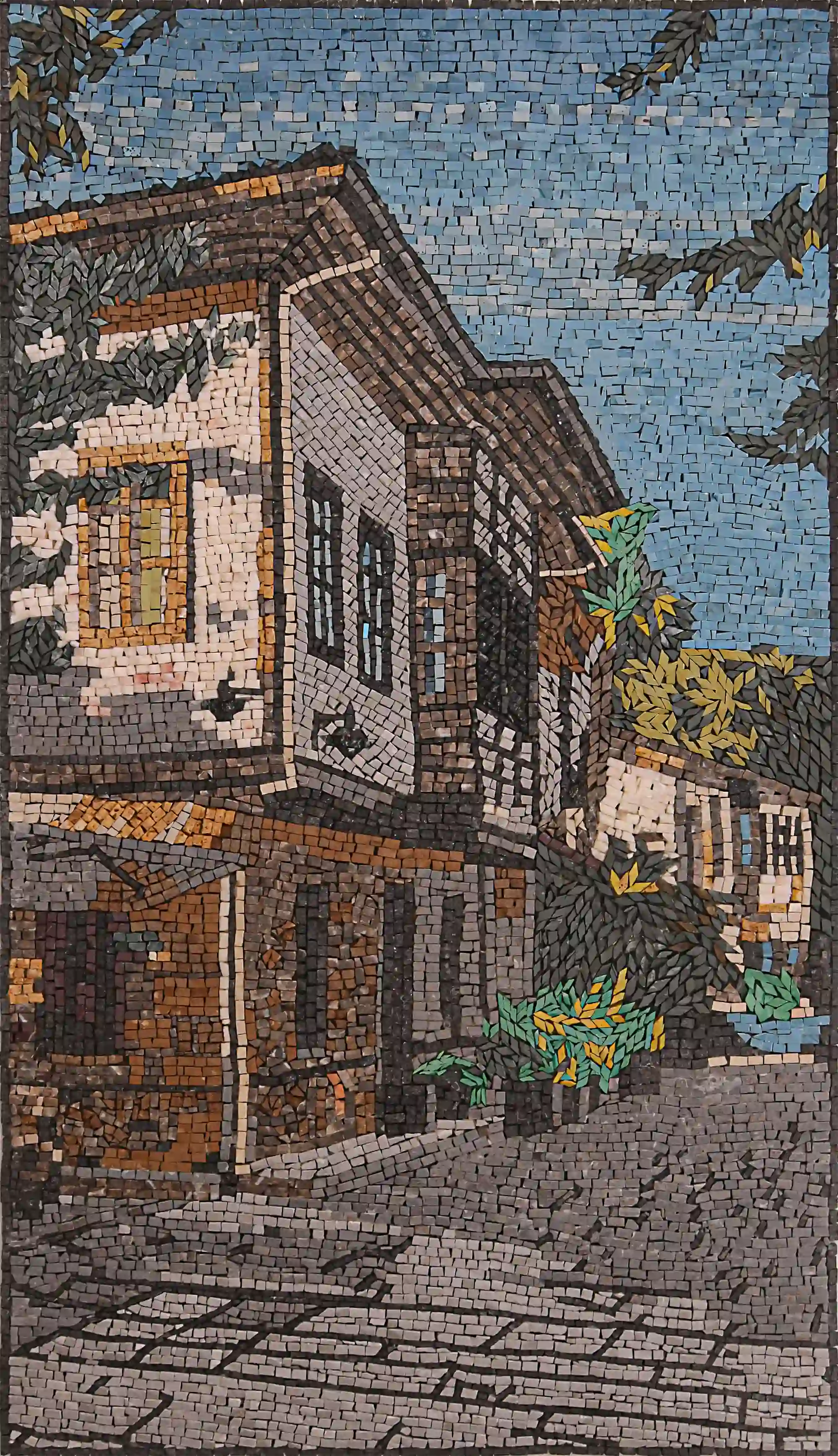 Exquisite Handcrafted Mosaic Artwork Depicting Old Street Scene