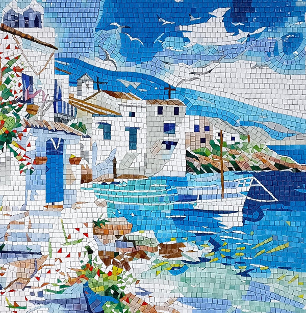 Greek Island Harbor Scene Mosaic